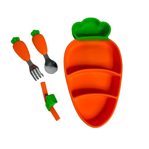 Healthy Eating Toddler Carrot Plate Shaped Silicone Feeding Set Utensils Straw - Picture 14 of 14